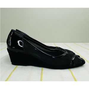 Sesto Meucci Black Patent Leather Mesh Peep Toe Heels Womens 6.5 Espadrille Luxe